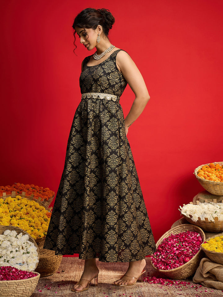 Women Black Jacquard Floral Self-Belt Anarkali Dress