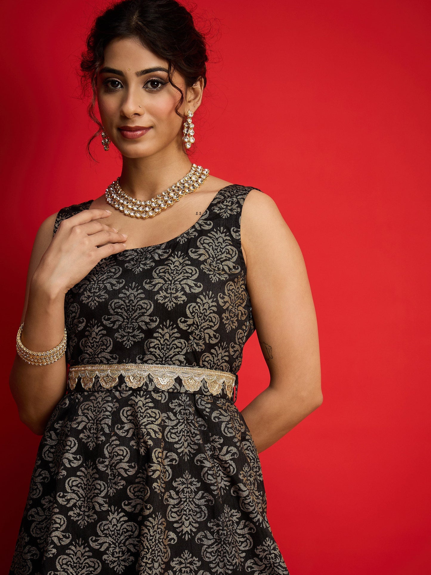 Women Black Jacquard Floral Self-Belt Anarkali Dress