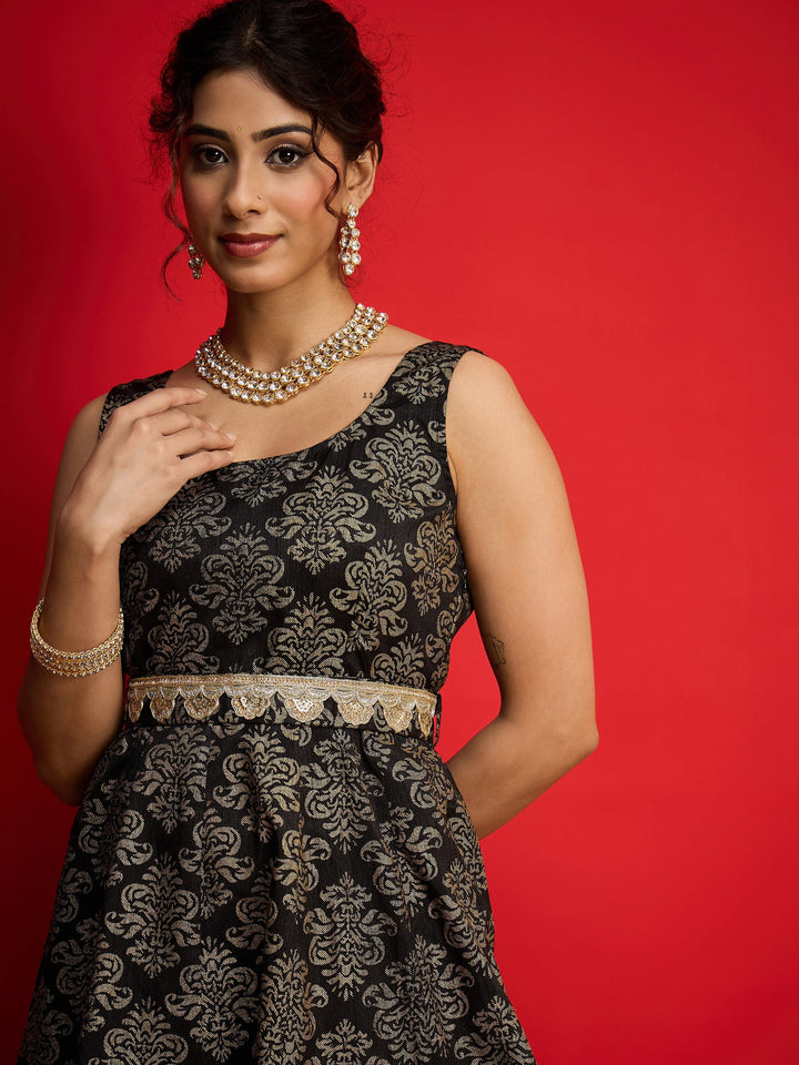 Women Black Jacquard Floral Self-Belt Anarkali Dress