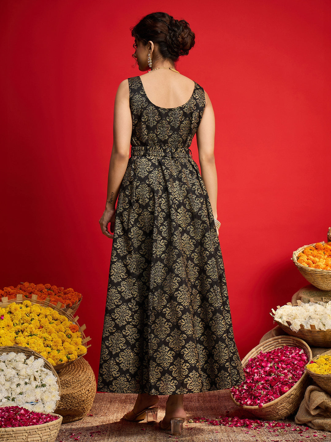Women Black Jacquard Floral Self-Belt Anarkali Dress