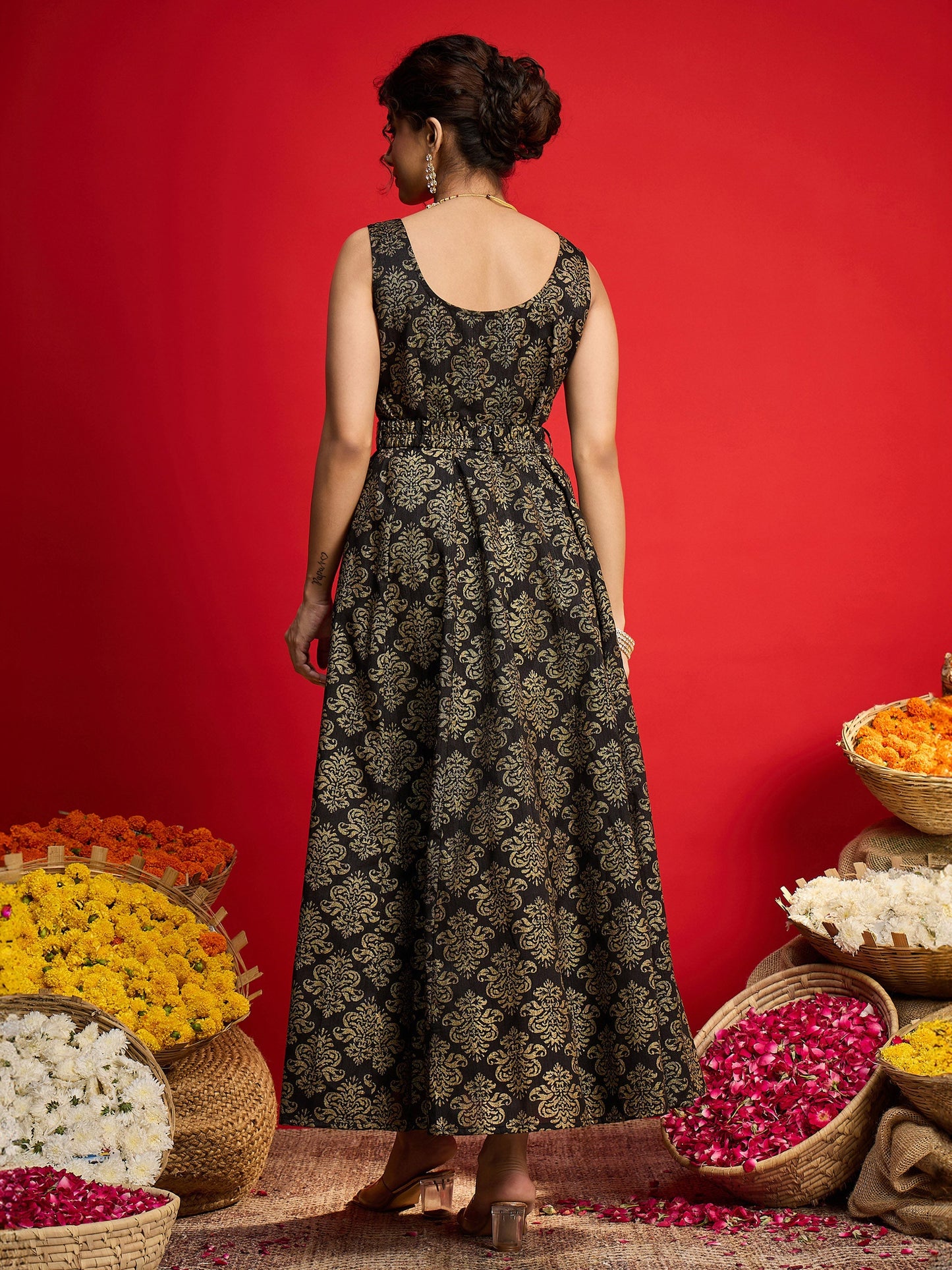 Women Black Jacquard Floral Self-Belt Anarkali Dress