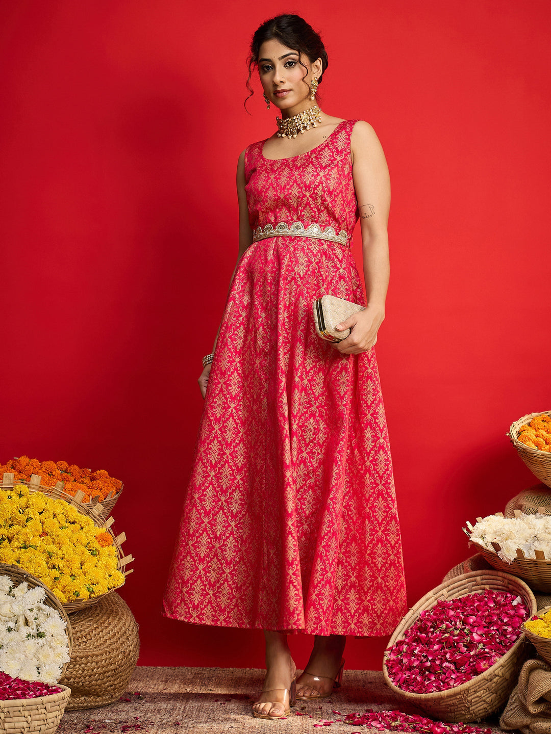 Women Fuchsia Jacquard Floral Self-Belt Anarkali Dress