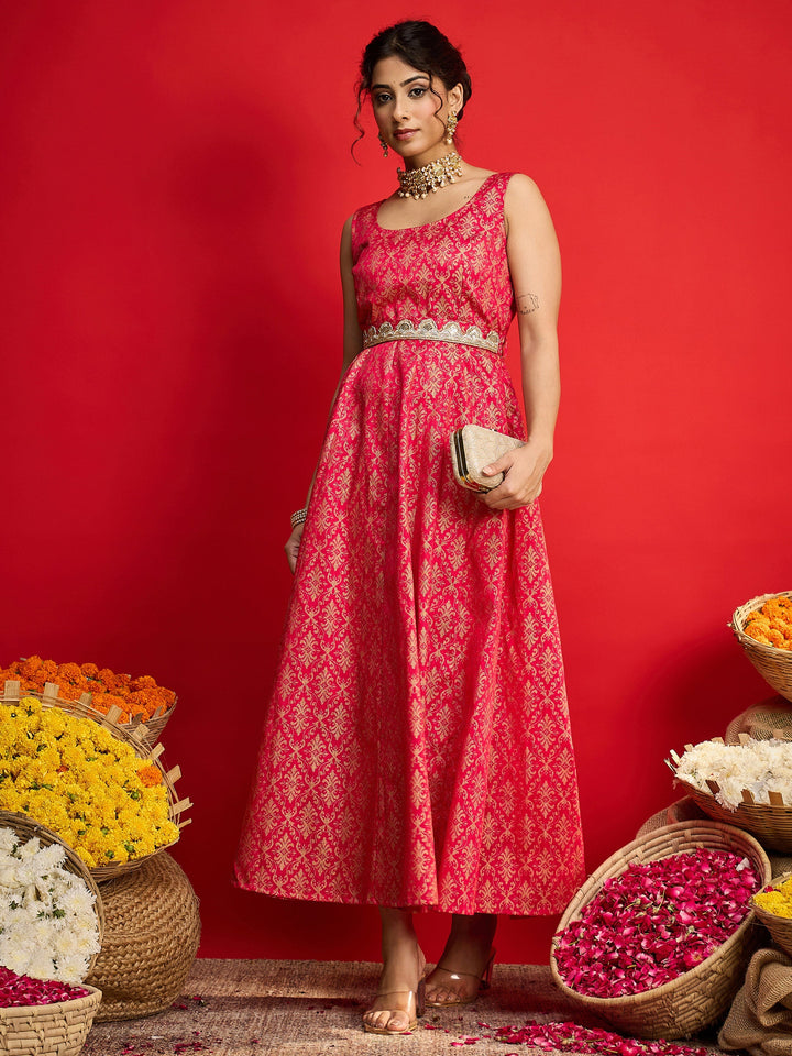 Women Fuchsia Jacquard Floral Self-Belt Anarkali Dress
