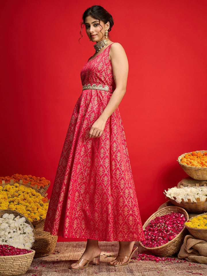 Women Fuchsia Jacquard Floral Self-Belt Anarkali Dress