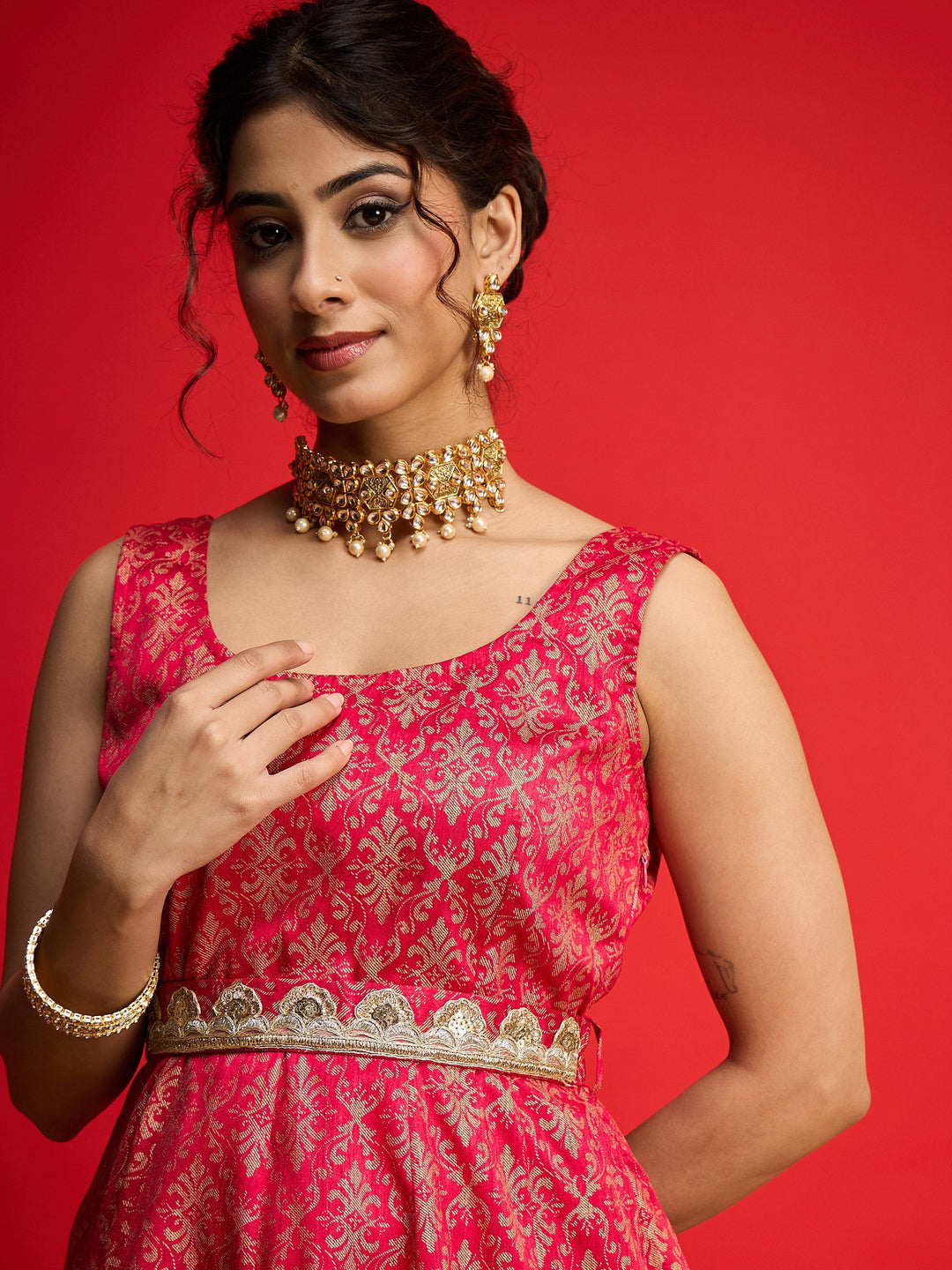 Women Fuchsia Jacquard Floral Self-Belt Anarkali Dress