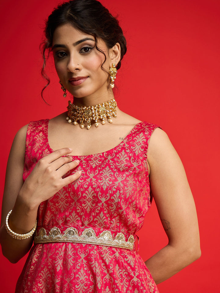 Women Fuchsia Jacquard Floral Self-Belt Anarkali Dress