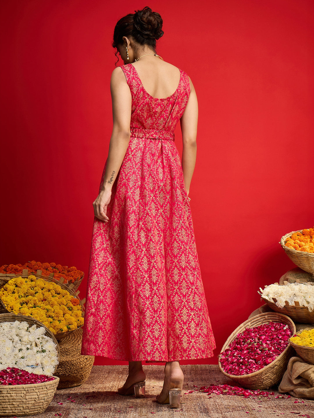 Women Fuchsia Jacquard Floral Self-Belt Anarkali Dress