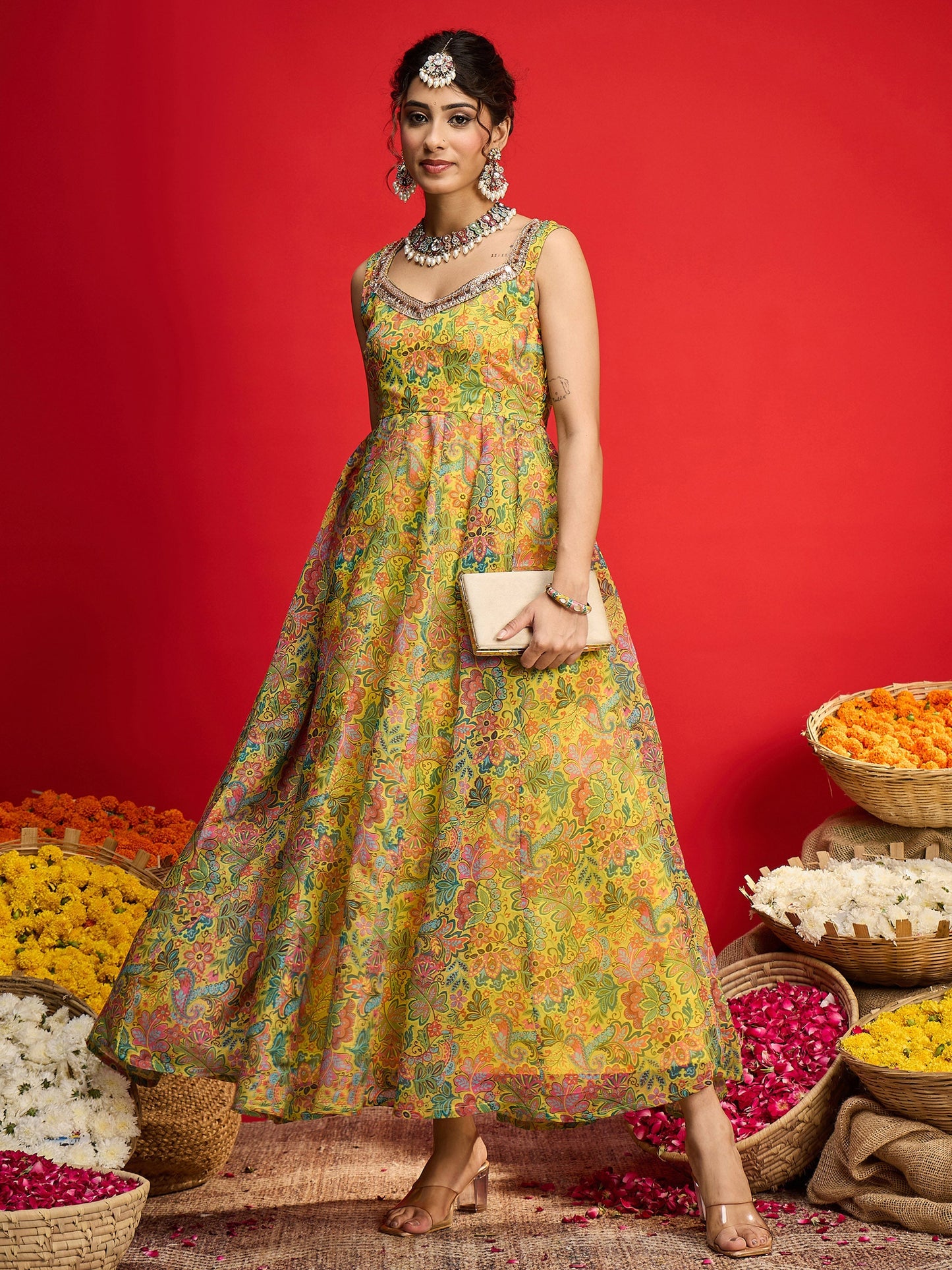 Yellow Floral Chanderi Sleeveless Anarkali Dress