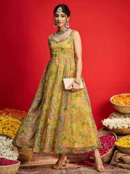 Yellow Floral Chanderi Sleeveless Anarkali Dress