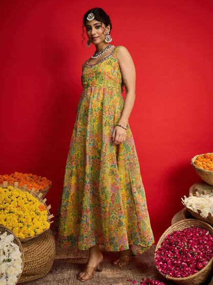 Yellow Floral Chanderi Sleeveless Anarkali Dress