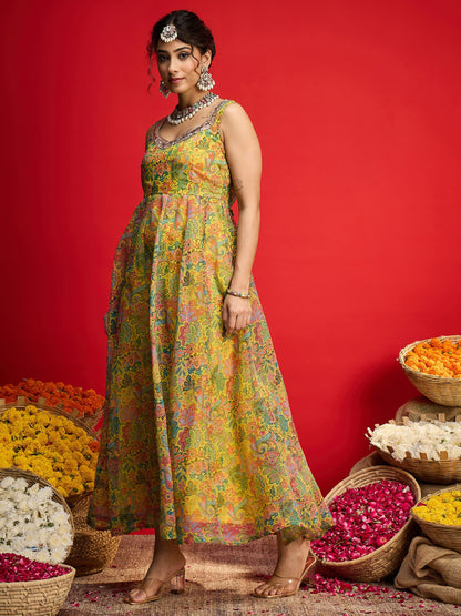 Yellow Floral Chanderi Sleeveless Anarkali Dress