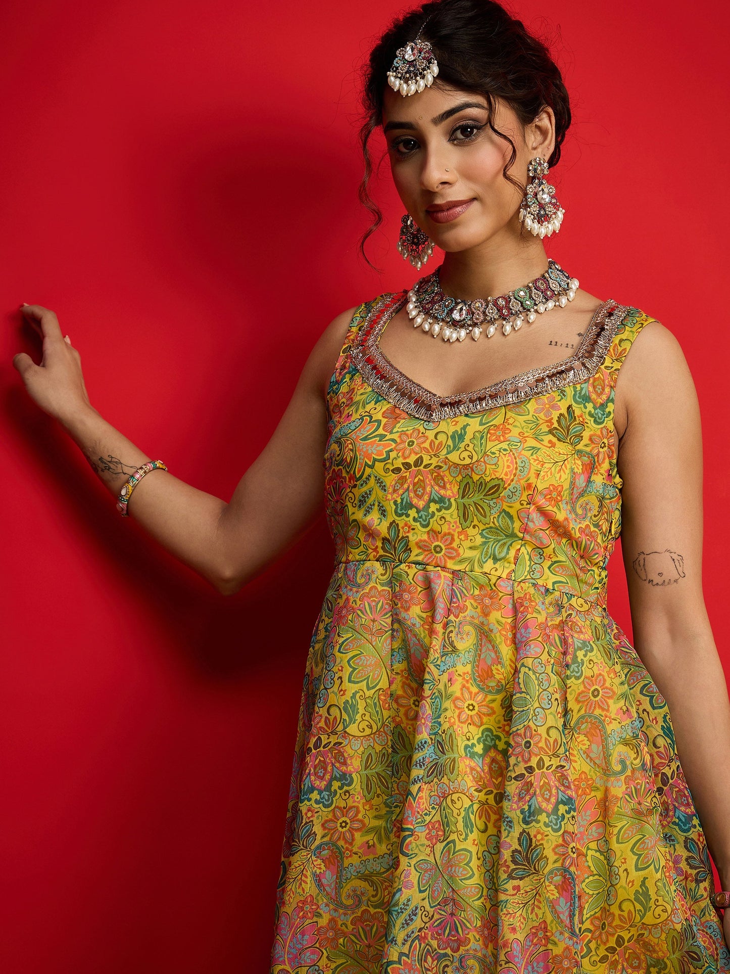 Yellow Floral Chanderi Sleeveless Anarkali Dress