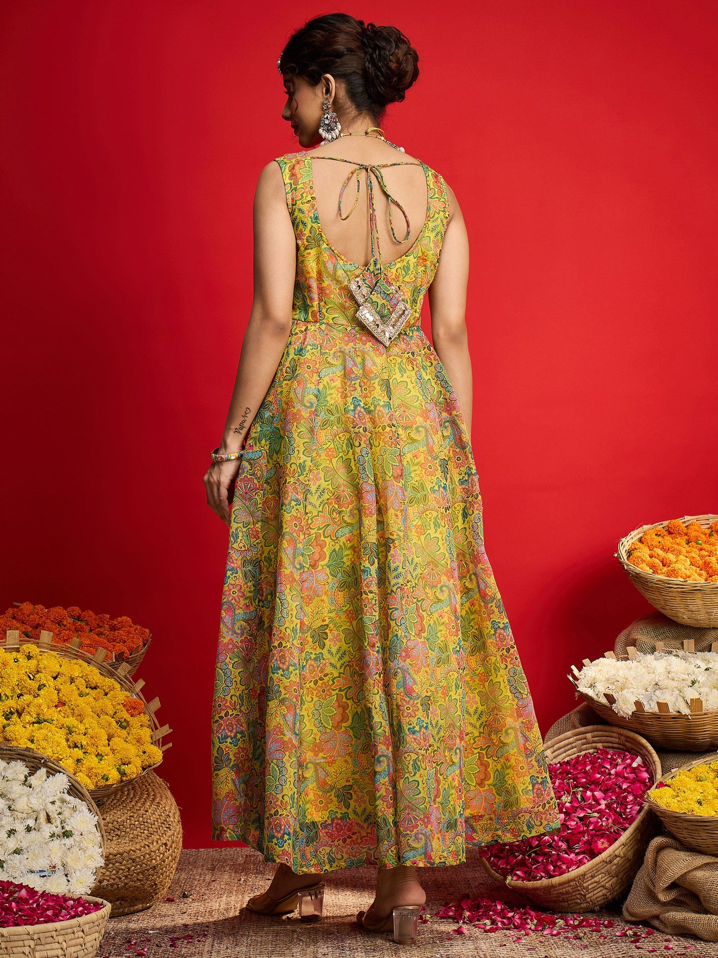 Yellow Floral Chanderi Sleeveless Anarkali Dress