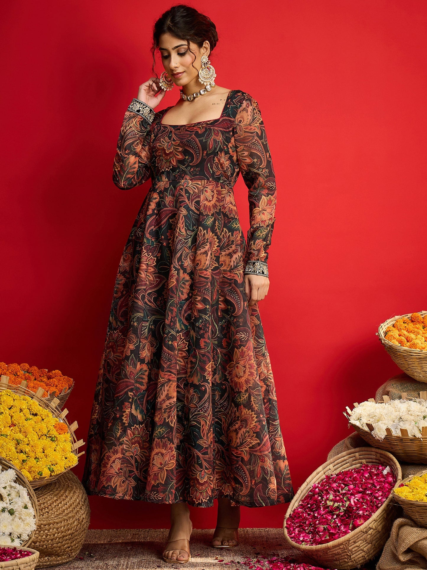 Black Floral Chanderi Anarkali Dress