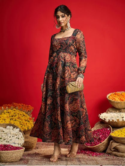Black Floral Chanderi Anarkali Dress