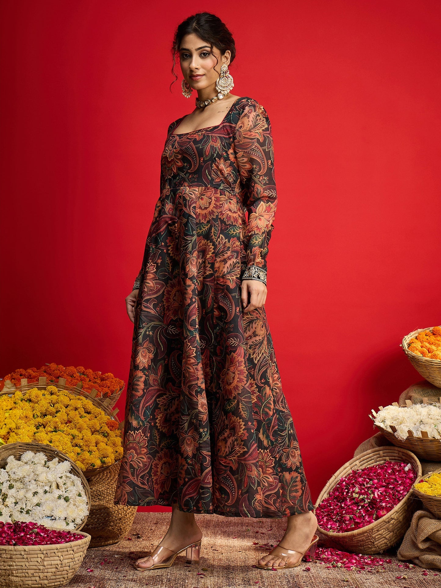 Black Floral Chanderi Anarkali Dress