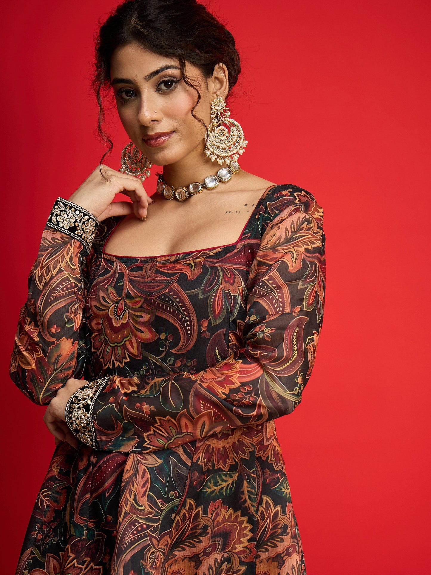 Black Floral Chanderi Anarkali Dress
