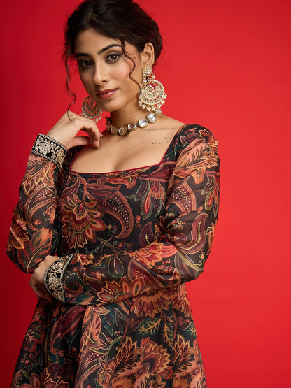 Black Floral Chanderi Anarkali Dress