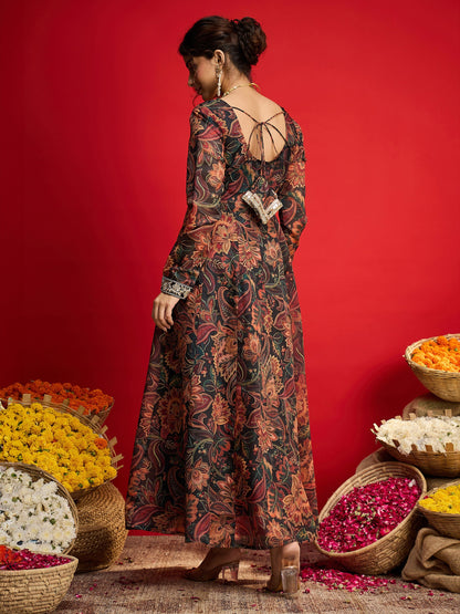 Black Floral Chanderi Anarkali Dress