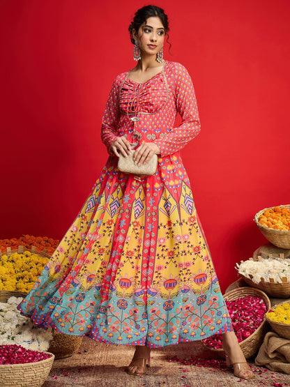 Pink Floral Front Dori Anarkali Dress