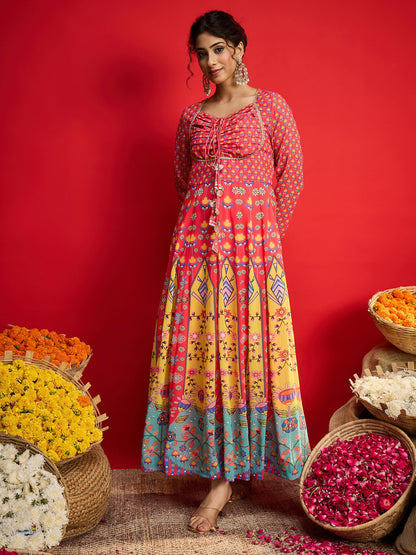 Pink Floral Front Dori Anarkali Dress