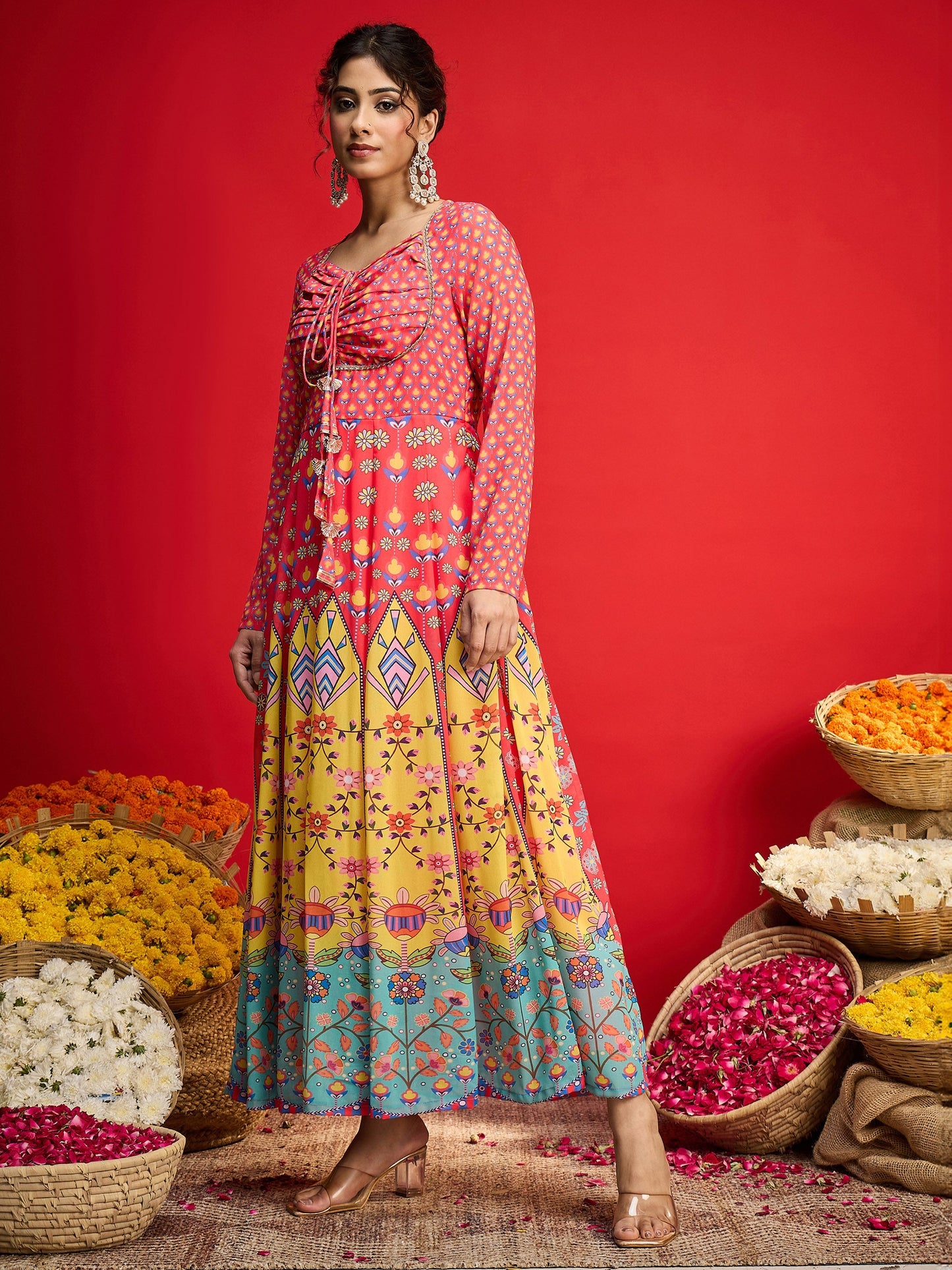 Pink Floral Front Dori Anarkali Dress