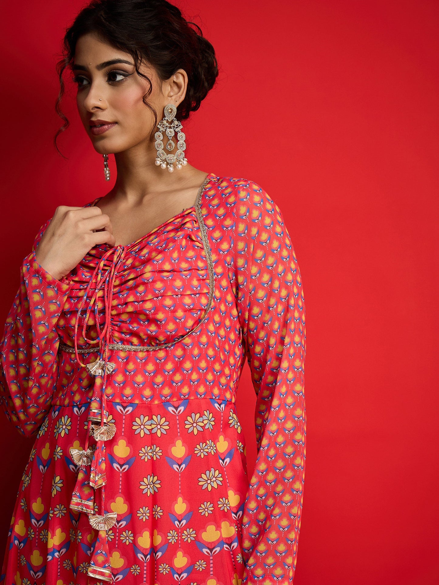 Pink Floral Front Dori Anarkali Dress