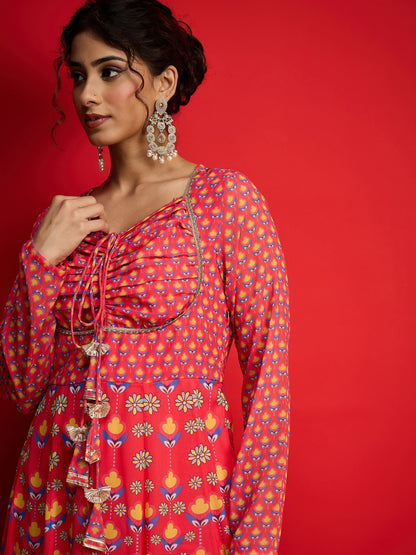 Pink Floral Front Dori Anarkali Dress