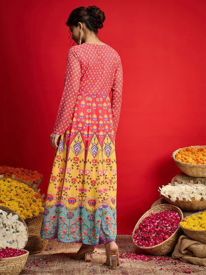 Pink Floral Front Dori Anarkali Dress