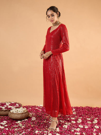 Women Red Sequence Sweetheart Neck Anarkali Dress
