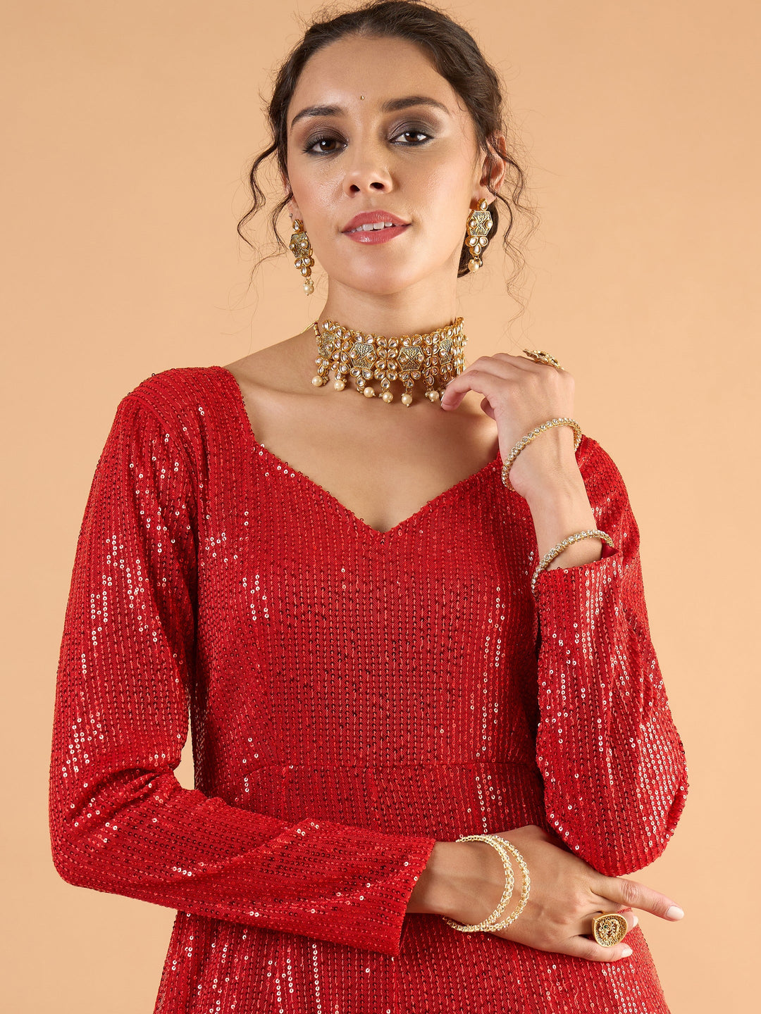 Women Red Sequence Sweetheart Neck Anarkali Dress
