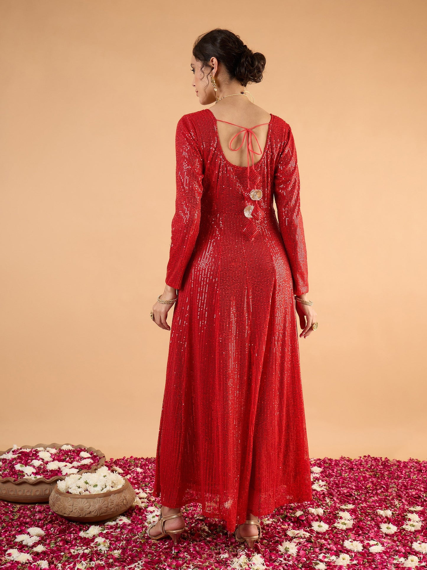 Women Red Sequence Sweetheart Neck Anarkali Dress