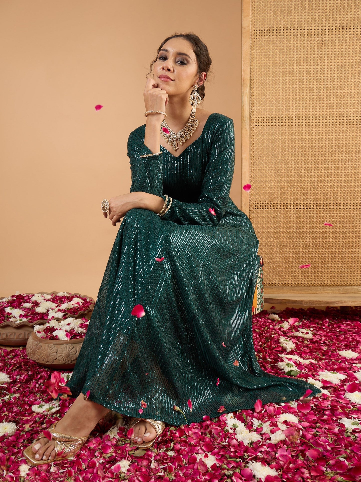 Women Teal Green Sequence Sweetheart Neck Anarkali Dress