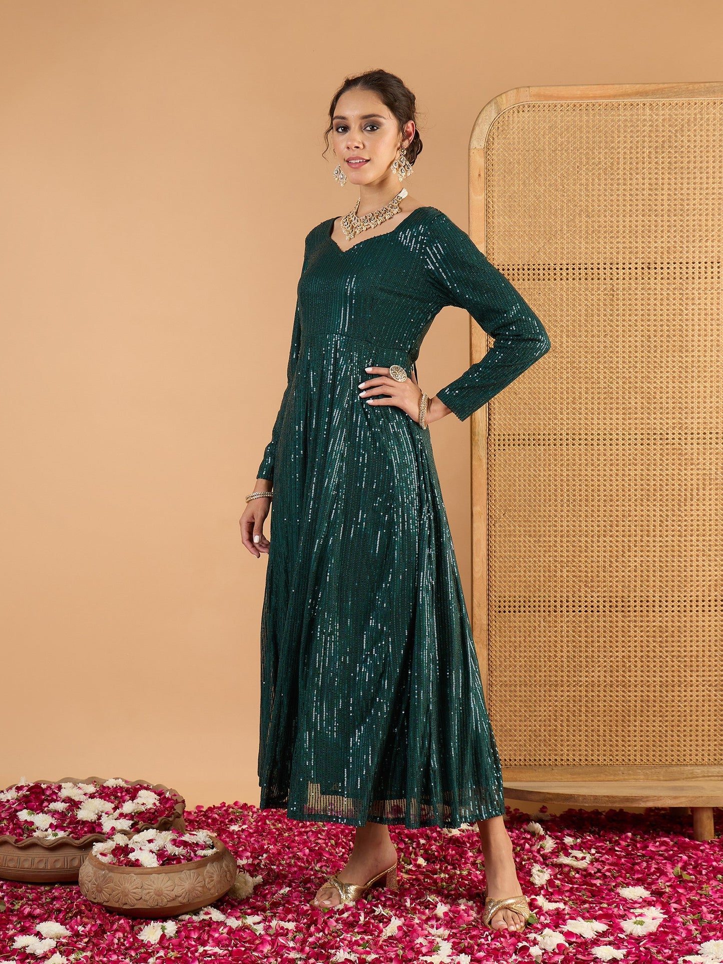 Women Teal Green Sequence Sweetheart Neck Anarkali Dress