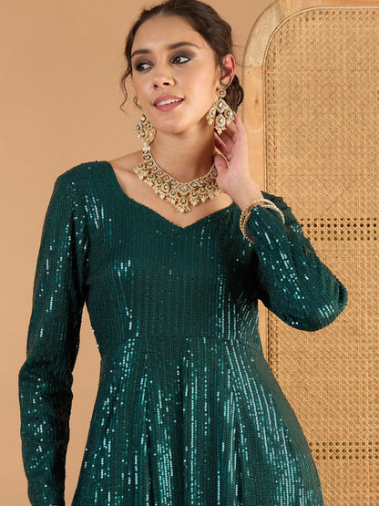 Women Teal Green Sequence Sweetheart Neck Anarkali Dress