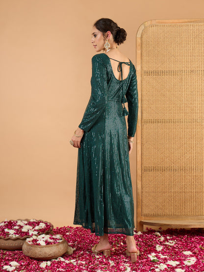 Women Teal Green Sequence Sweetheart Neck Anarkali Dress