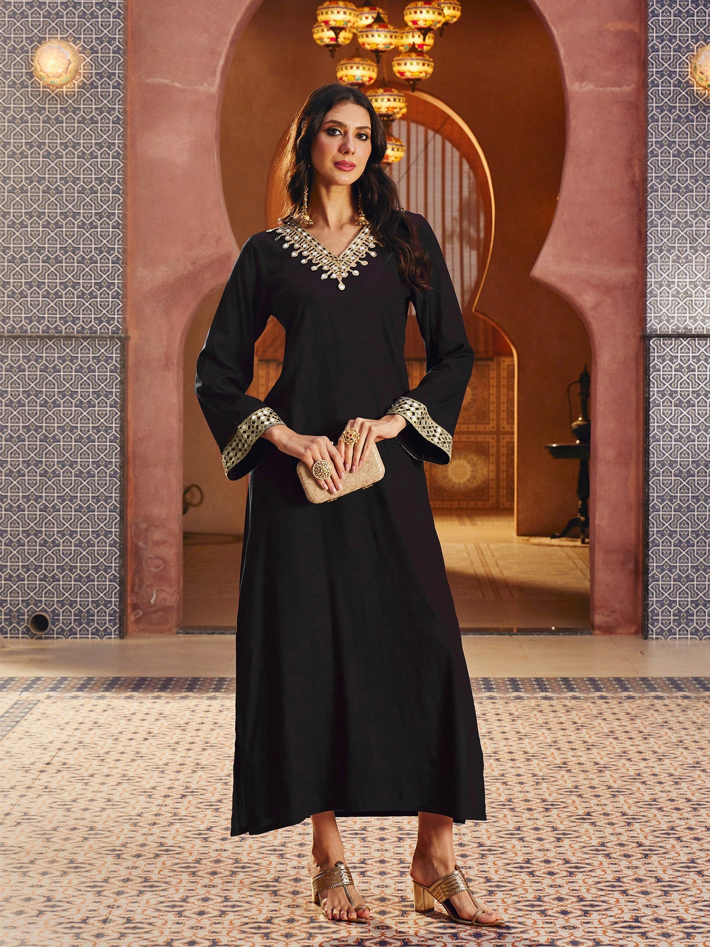 Women Black Rayon Lace V-Neck Abaya Dress