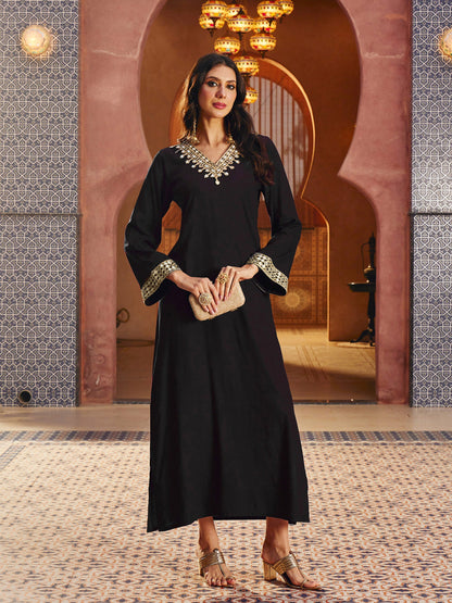 Women Black Rayon Lace V-Neck Abaya Dress
