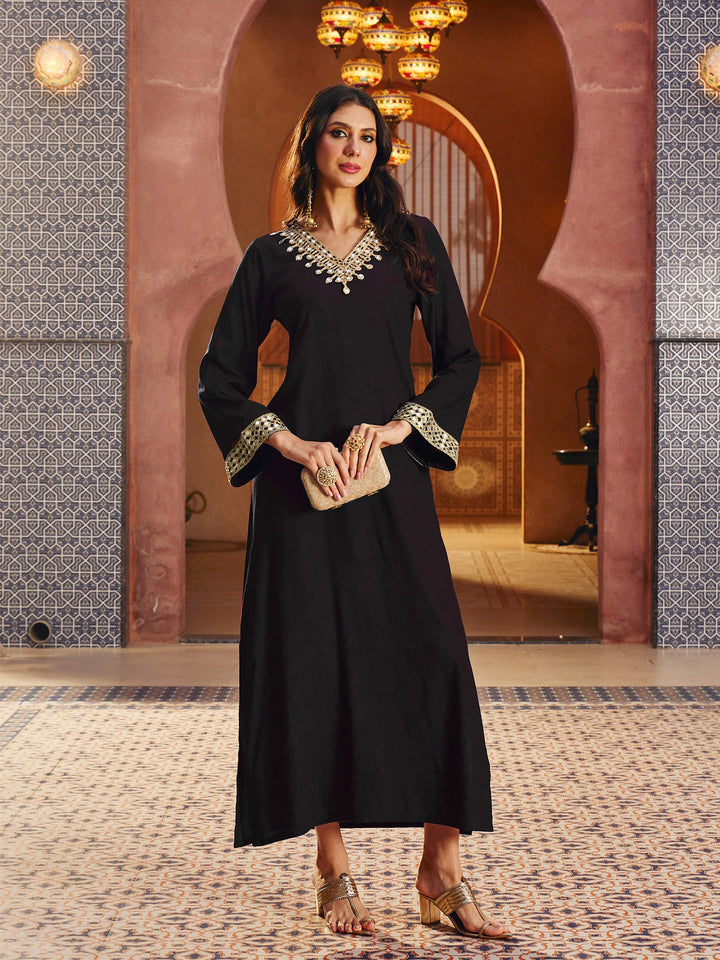 Women Black Rayon Lace V-Neck Abaya Dress