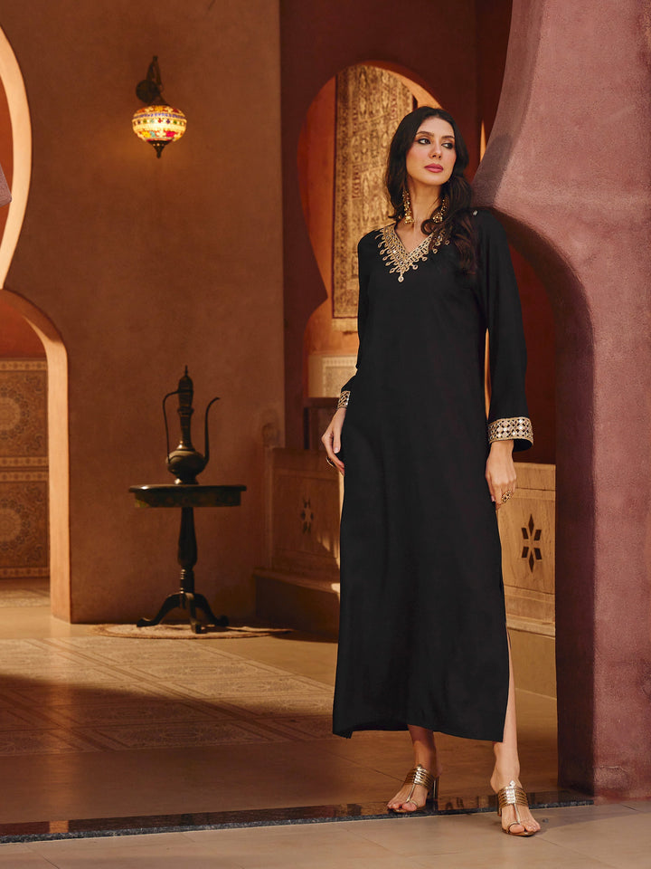 Women Black Rayon Lace V-Neck Abaya Dress