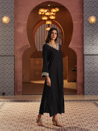 Women Black Rayon Lace V-Neck Abaya Dress