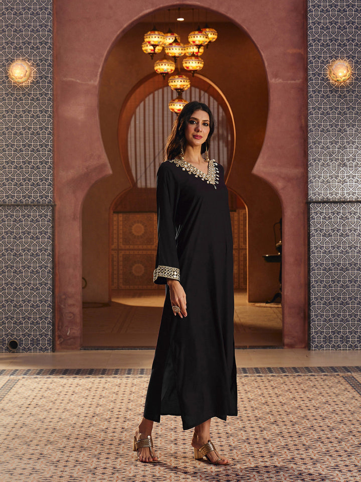Women Black Rayon Lace V-Neck Abaya Dress