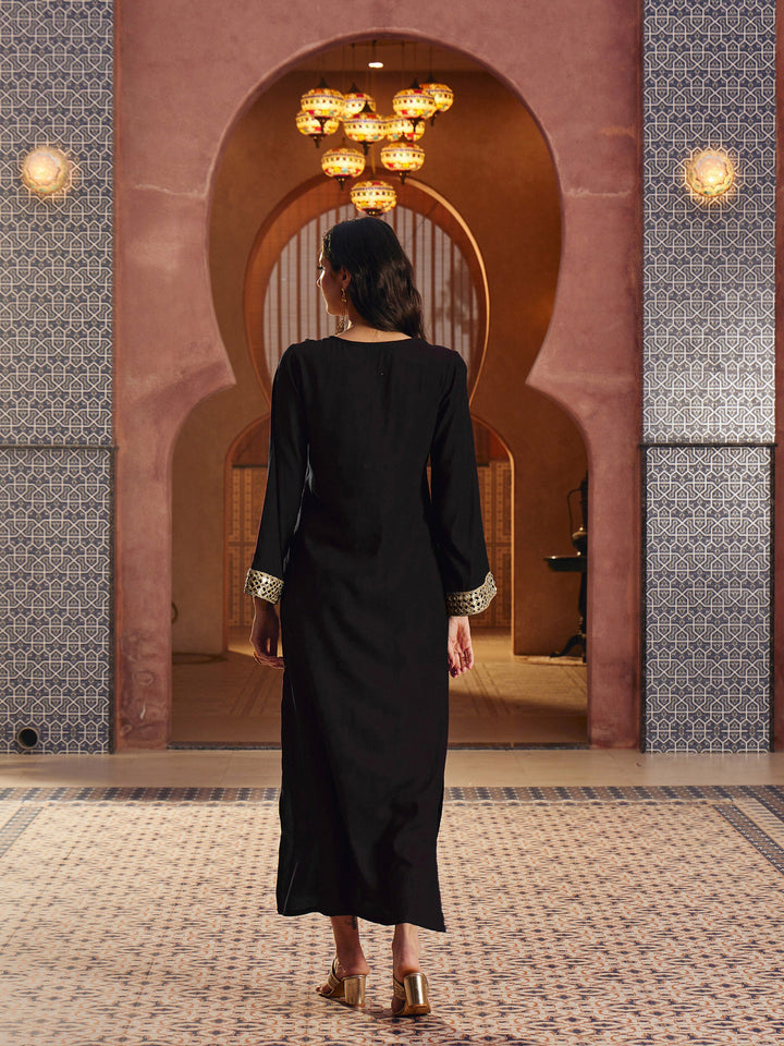 Women Black Rayon Lace V-Neck Abaya Dress