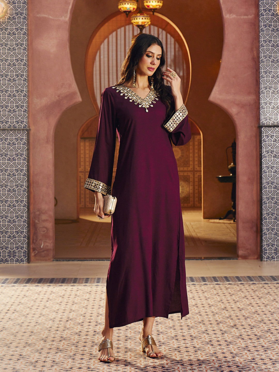 Women Burgundy Rayon Lace V-Neck Abaya Dress