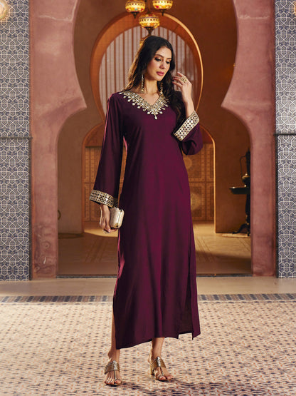Women Burgundy Rayon Lace V-Neck Abaya Dress
