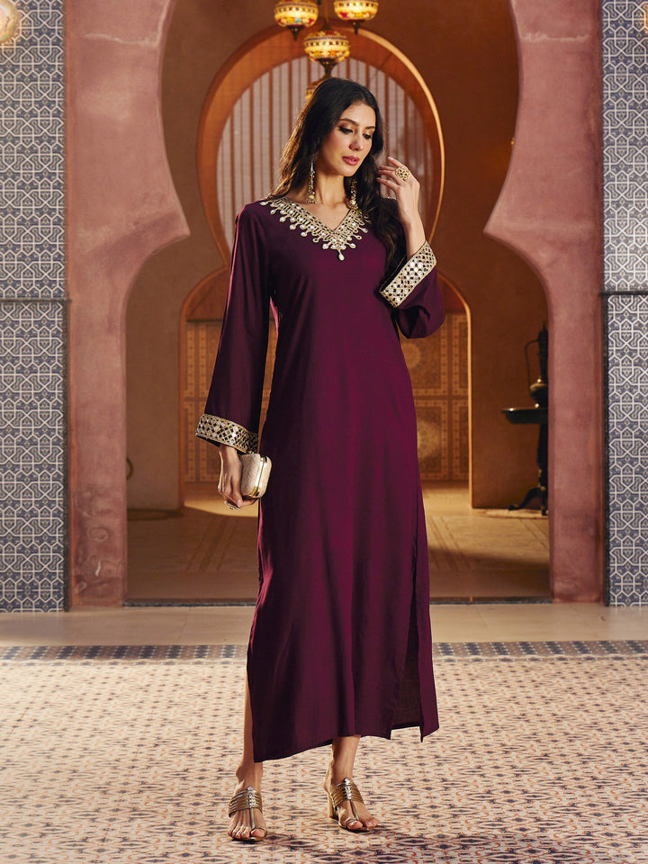 Women Burgundy Rayon Lace V-Neck Abaya Dress
