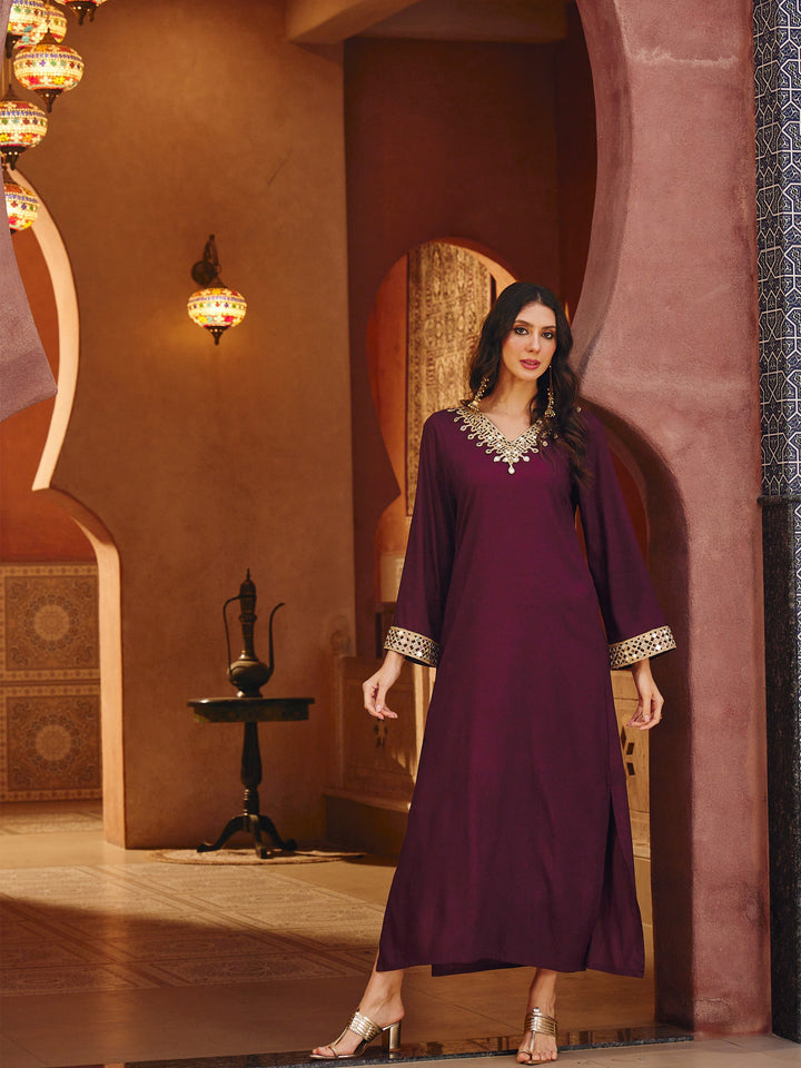 Women Burgundy Rayon Lace V-Neck Abaya Dress