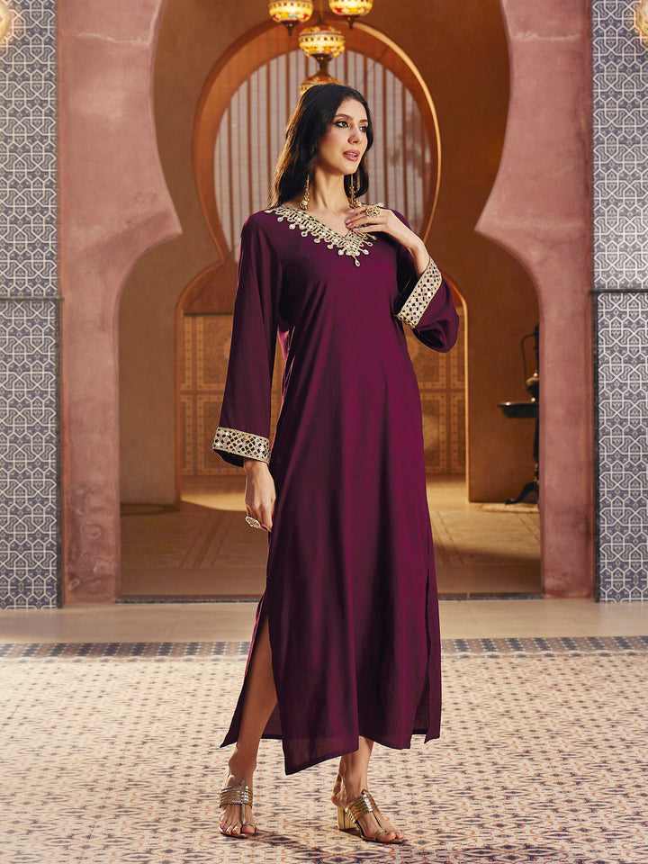 Women Burgundy Rayon Lace V-Neck Abaya Dress