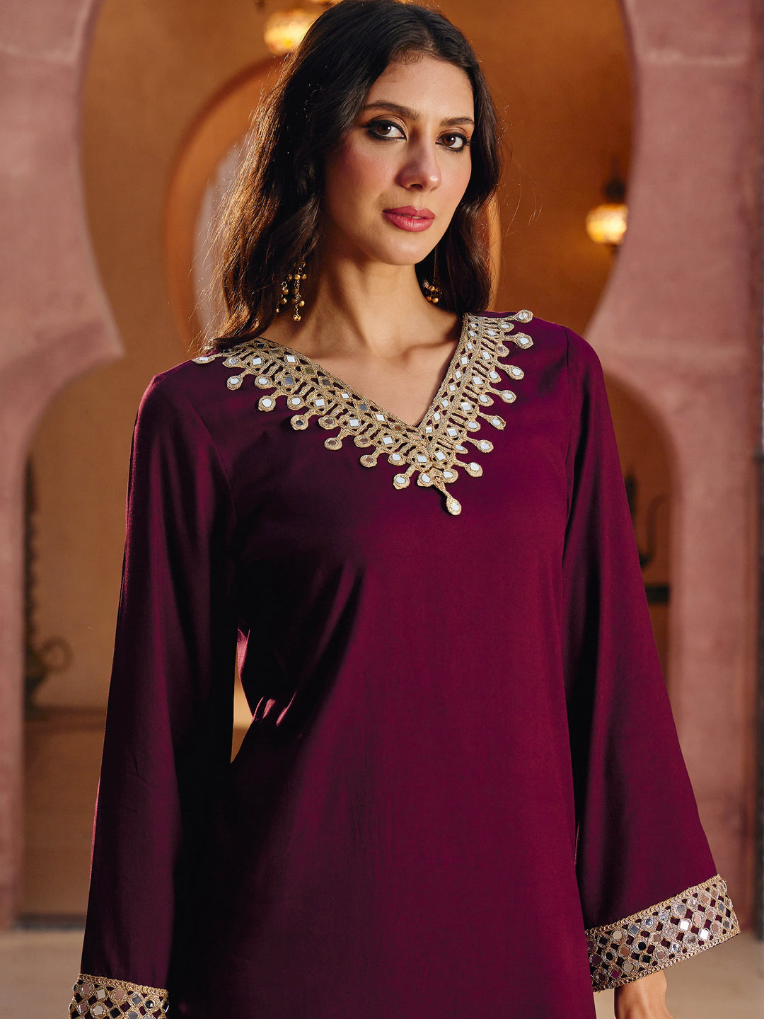 Women Burgundy Rayon Lace V-Neck Abaya Dress