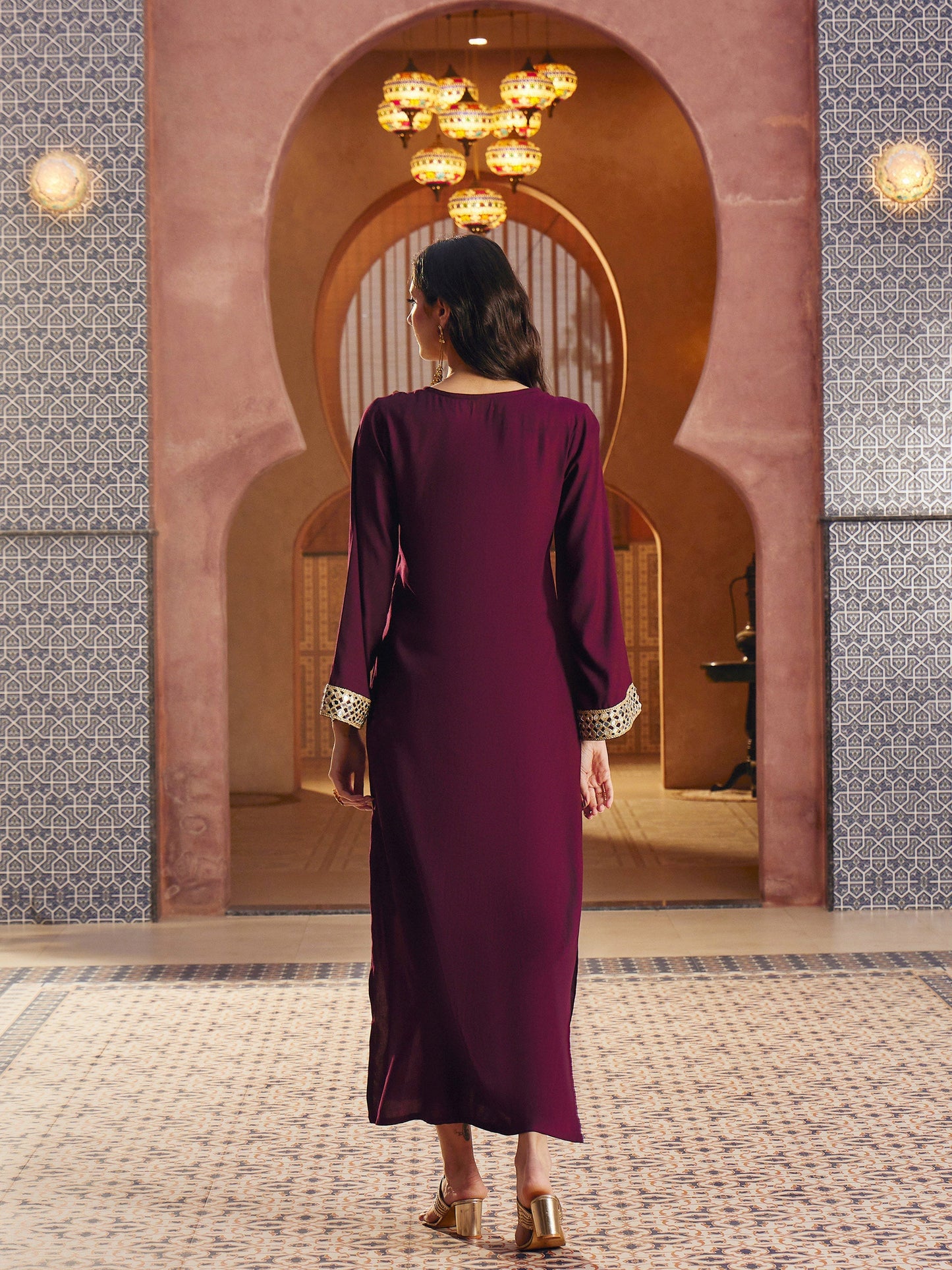 Women Burgundy Rayon Lace V-Neck Abaya Dress